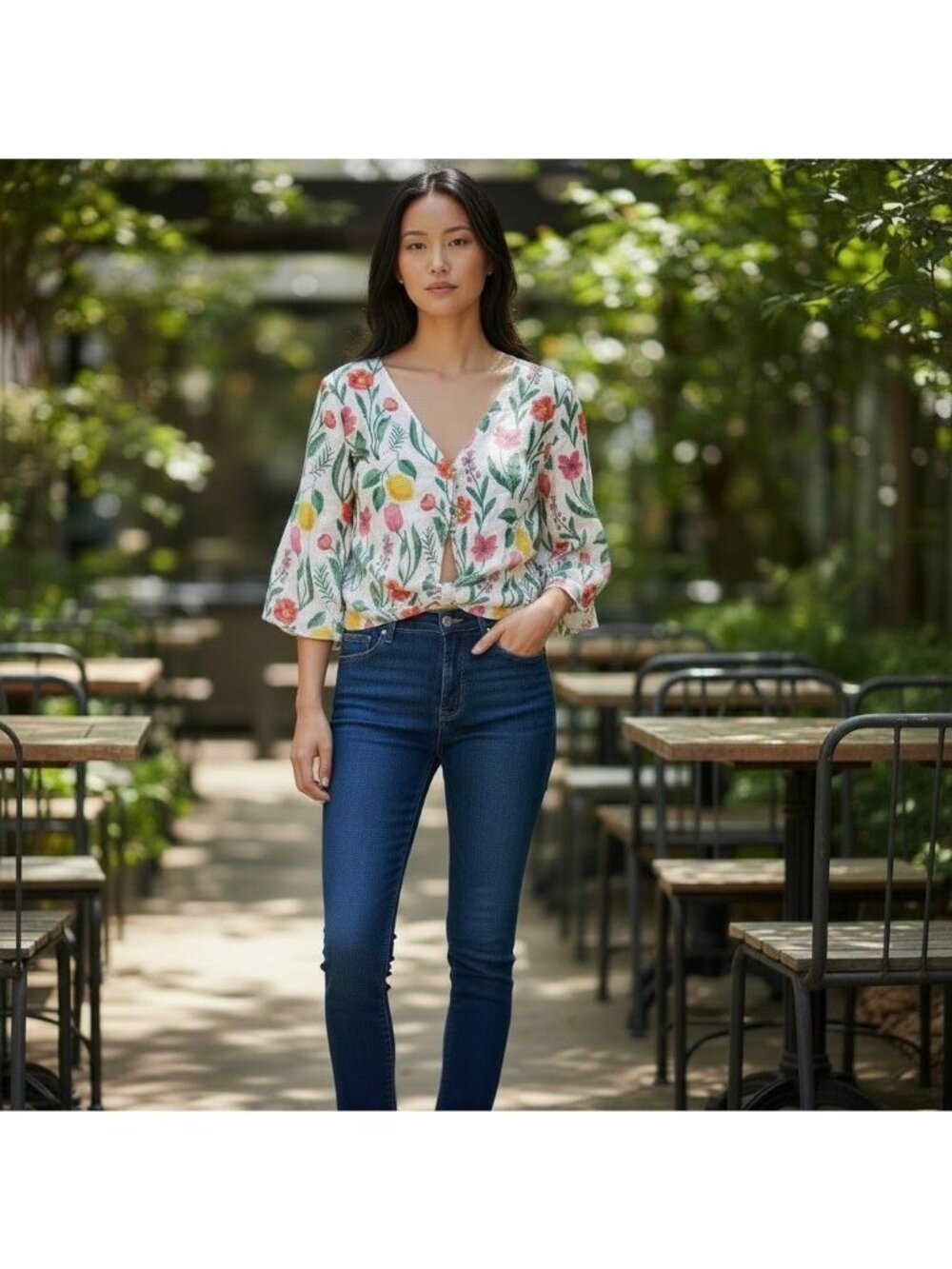 Rachel Zoe Floral Linen Blend V-Neck Blouse With 3/4 Sleeves L NEW  Lightweight